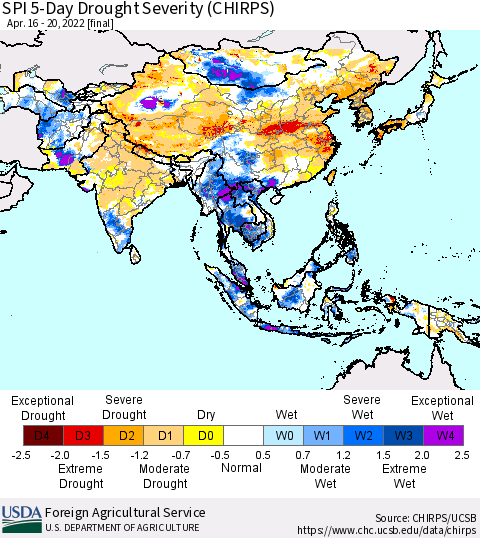 Asia SPI 5-Day Drought Severity (CHIRPS) Thematic Map For 4/16/2022 - 4/20/2022
