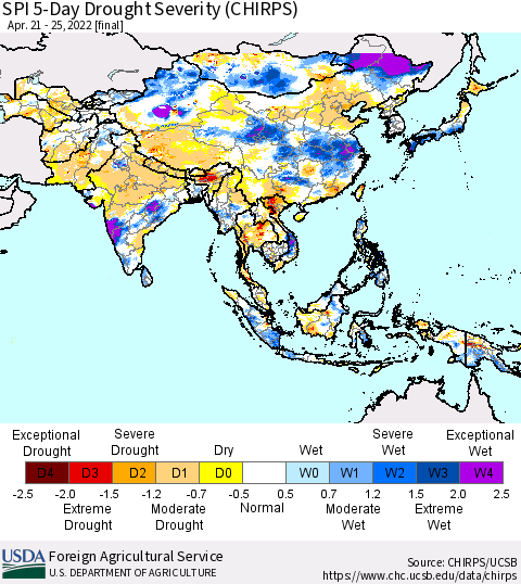 Asia SPI 5-Day Drought Severity (CHIRPS) Thematic Map For 4/21/2022 - 4/25/2022