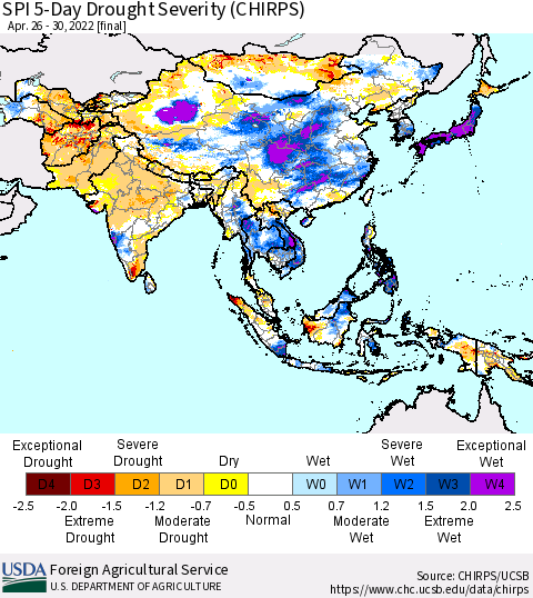 Asia SPI 5-Day Drought Severity (CHIRPS) Thematic Map For 4/26/2022 - 4/30/2022