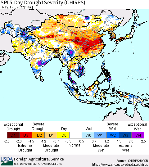 Asia SPI 5-Day Drought Severity (CHIRPS) Thematic Map For 5/1/2022 - 5/5/2022