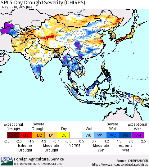 Asia SPI 5-Day Drought Severity (CHIRPS) Thematic Map For 5/6/2022 - 5/10/2022