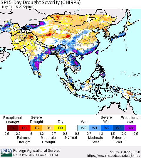 Asia SPI 5-Day Drought Severity (CHIRPS) Thematic Map For 5/11/2022 - 5/15/2022