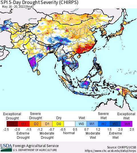 Asia SPI 5-Day Drought Severity (CHIRPS) Thematic Map For 5/16/2022 - 5/20/2022