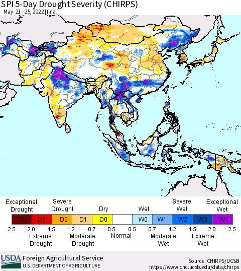 Asia SPI 5-Day Drought Severity (CHIRPS) Thematic Map For 5/21/2022 - 5/25/2022