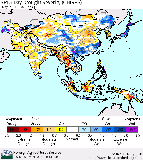 Asia SPI 5-Day Drought Severity (CHIRPS) Thematic Map For 5/26/2022 - 5/31/2022