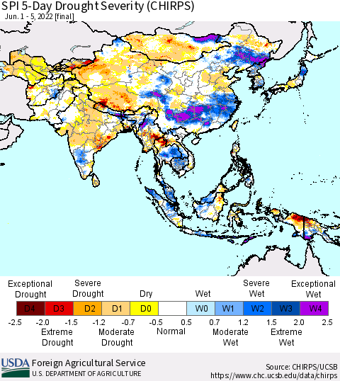 Asia SPI 5-Day Drought Severity (CHIRPS) Thematic Map For 6/1/2022 - 6/5/2022