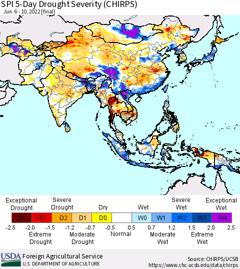 Asia SPI 5-Day Drought Severity (CHIRPS) Thematic Map For 6/6/2022 - 6/10/2022