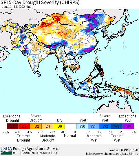 Asia SPI 5-Day Drought Severity (CHIRPS) Thematic Map For 6/11/2022 - 6/15/2022