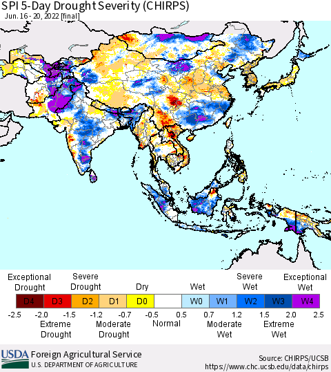 Asia SPI 5-Day Drought Severity (CHIRPS) Thematic Map For 6/16/2022 - 6/20/2022