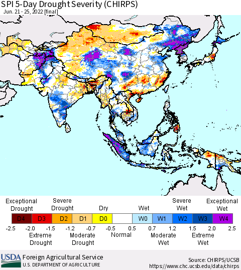Asia SPI 5-Day Drought Severity (CHIRPS) Thematic Map For 6/21/2022 - 6/25/2022