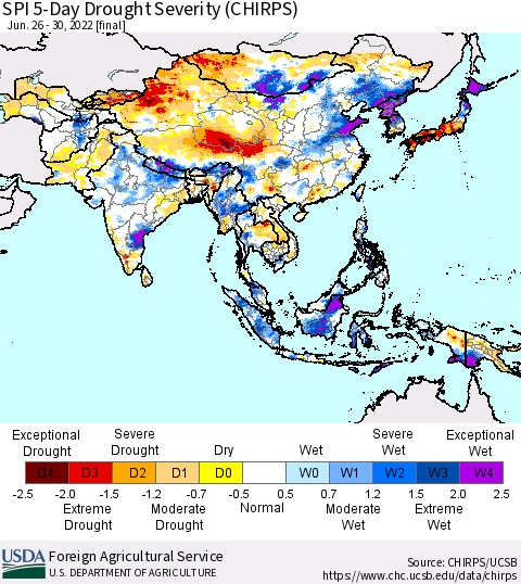 Asia SPI 5-Day Drought Severity (CHIRPS) Thematic Map For 6/26/2022 - 6/30/2022