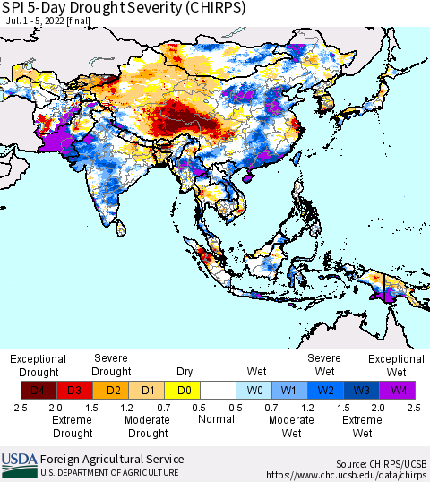 Asia SPI 5-Day Drought Severity (CHIRPS) Thematic Map For 7/1/2022 - 7/5/2022