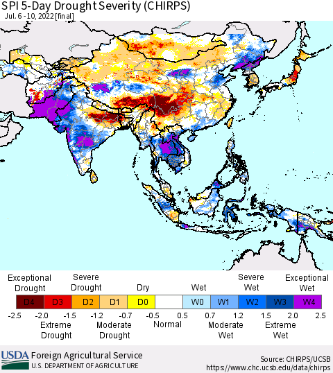 Asia SPI 5-Day Drought Severity (CHIRPS) Thematic Map For 7/6/2022 - 7/10/2022