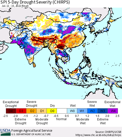 Asia SPI 5-Day Drought Severity (CHIRPS) Thematic Map For 7/11/2022 - 7/15/2022