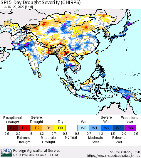 Asia SPI 5-Day Drought Severity (CHIRPS) Thematic Map For 7/16/2022 - 7/20/2022