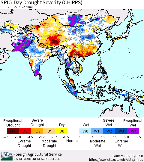 Asia SPI 5-Day Drought Severity (CHIRPS) Thematic Map For 7/21/2022 - 7/25/2022