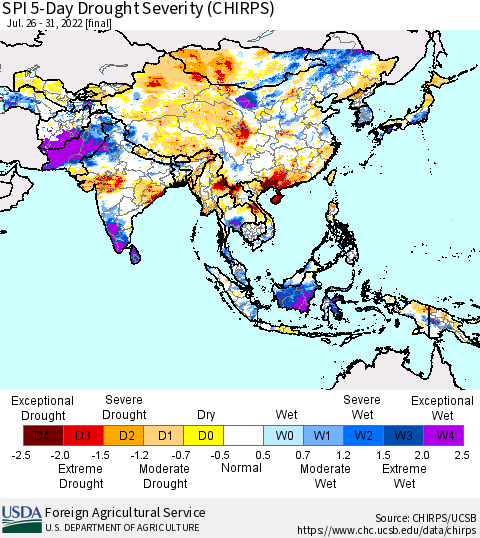 Asia SPI 5-Day Drought Severity (CHIRPS) Thematic Map For 7/26/2022 - 7/31/2022