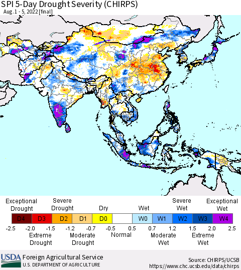 Asia SPI 5-Day Drought Severity (CHIRPS) Thematic Map For 8/1/2022 - 8/5/2022