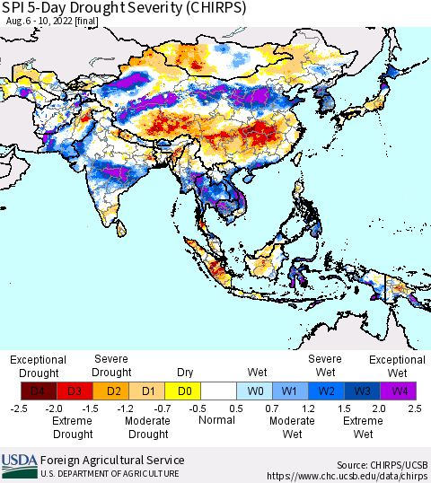 Asia SPI 5-Day Drought Severity (CHIRPS) Thematic Map For 8/6/2022 - 8/10/2022