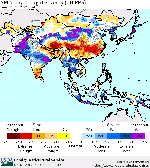 Asia SPI 5-Day Drought Severity (CHIRPS) Thematic Map For 8/11/2022 - 8/15/2022
