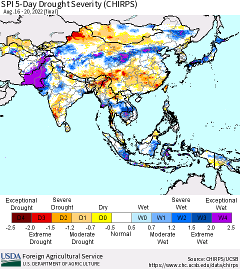 Asia SPI 5-Day Drought Severity (CHIRPS) Thematic Map For 8/16/2022 - 8/20/2022
