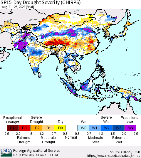Asia SPI 5-Day Drought Severity (CHIRPS) Thematic Map For 8/21/2022 - 8/25/2022