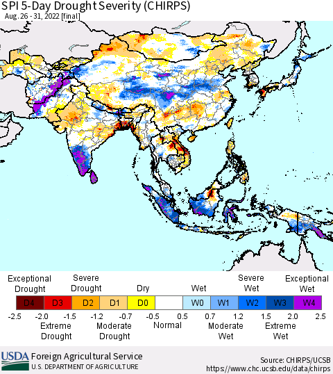 Asia SPI 5-Day Drought Severity (CHIRPS) Thematic Map For 8/26/2022 - 8/31/2022