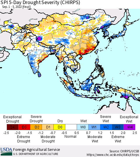 Asia SPI 5-Day Drought Severity (CHIRPS) Thematic Map For 9/1/2022 - 9/5/2022