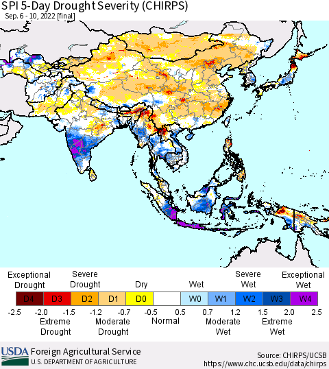 Asia SPI 5-Day Drought Severity (CHIRPS) Thematic Map For 9/6/2022 - 9/10/2022