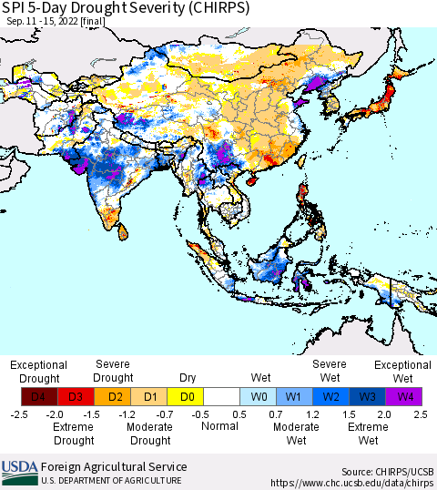 Asia SPI 5-Day Drought Severity (CHIRPS) Thematic Map For 9/11/2022 - 9/15/2022
