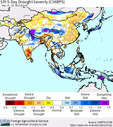 Asia SPI 5-Day Drought Severity (CHIRPS) Thematic Map For 9/16/2022 - 9/20/2022
