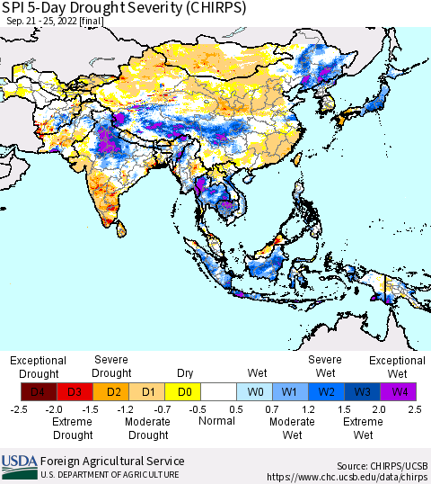 Asia SPI 5-Day Drought Severity (CHIRPS) Thematic Map For 9/21/2022 - 9/25/2022