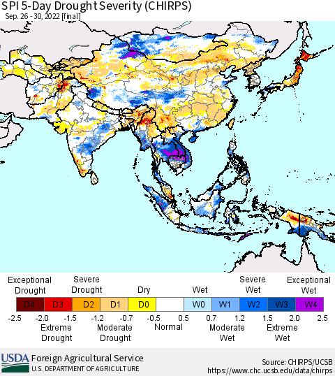 Asia SPI 5-Day Drought Severity (CHIRPS) Thematic Map For 9/26/2022 - 9/30/2022