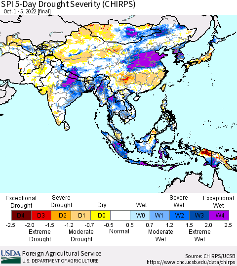Asia SPI 5-Day Drought Severity (CHIRPS) Thematic Map For 10/1/2022 - 10/5/2022