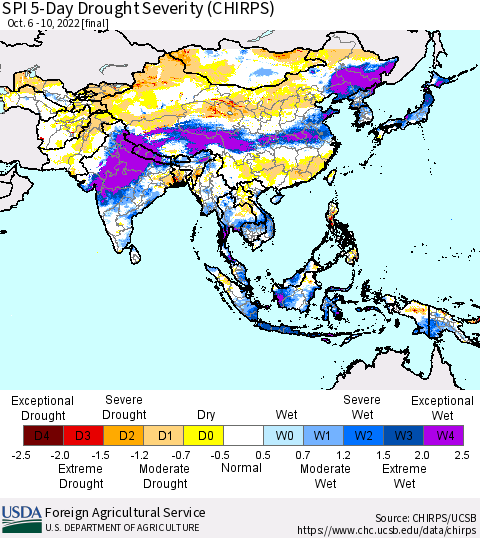 Asia SPI 5-Day Drought Severity (CHIRPS) Thematic Map For 10/6/2022 - 10/10/2022