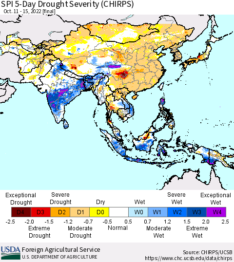 Asia SPI 5-Day Drought Severity (CHIRPS) Thematic Map For 10/11/2022 - 10/15/2022
