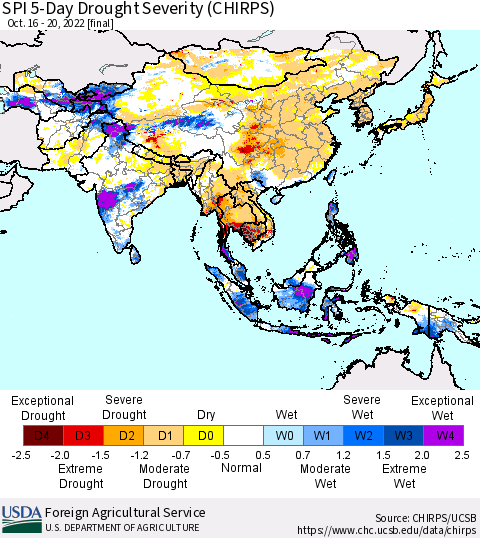 Asia SPI 5-Day Drought Severity (CHIRPS) Thematic Map For 10/16/2022 - 10/20/2022