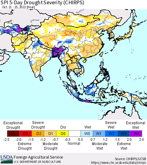 Asia SPI 5-Day Drought Severity (CHIRPS) Thematic Map For 10/21/2022 - 10/25/2022