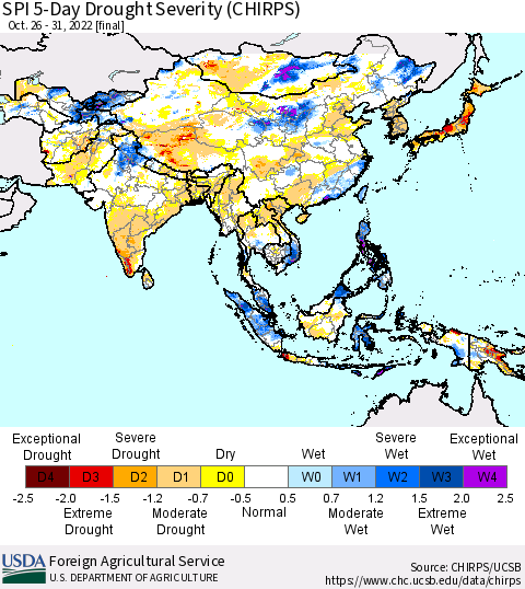 Asia SPI 5-Day Drought Severity (CHIRPS) Thematic Map For 10/26/2022 - 10/31/2022