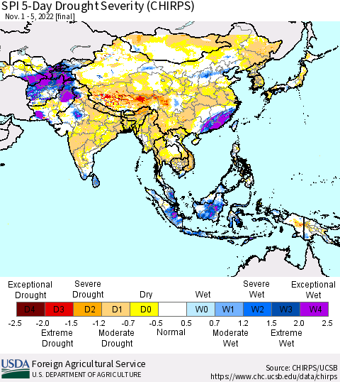 Asia SPI 5-Day Drought Severity (CHIRPS) Thematic Map For 11/1/2022 - 11/5/2022