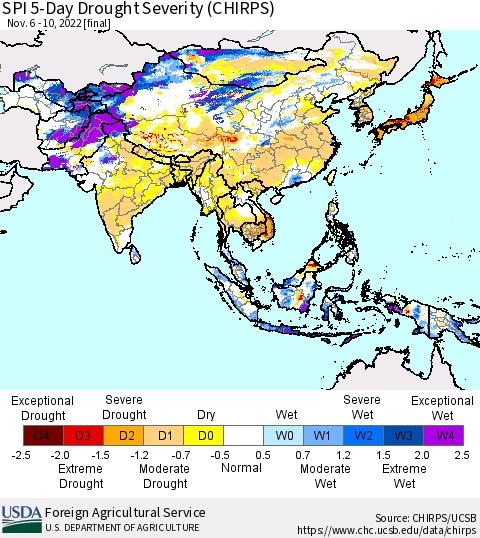 Asia SPI 5-Day Drought Severity (CHIRPS) Thematic Map For 11/6/2022 - 11/10/2022