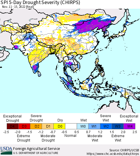 Asia SPI 5-Day Drought Severity (CHIRPS) Thematic Map For 11/11/2022 - 11/15/2022