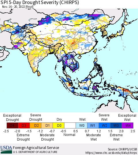 Asia SPI 5-Day Drought Severity (CHIRPS) Thematic Map For 11/16/2022 - 11/20/2022
