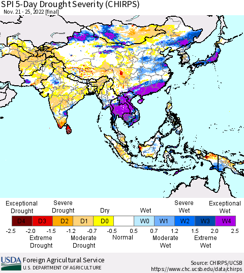 Asia SPI 5-Day Drought Severity (CHIRPS) Thematic Map For 11/21/2022 - 11/25/2022