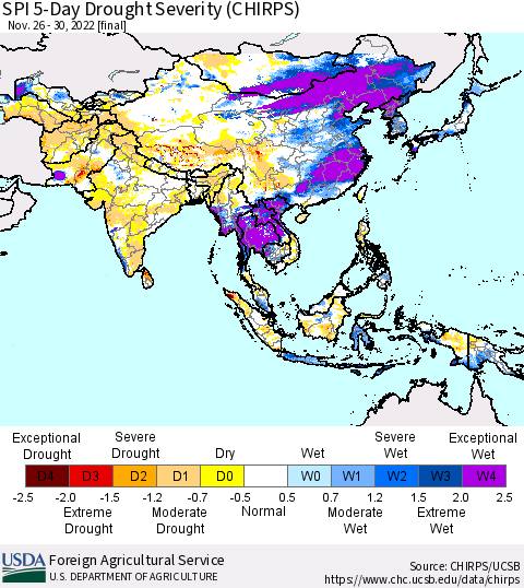 Asia SPI 5-Day Drought Severity (CHIRPS) Thematic Map For 11/26/2022 - 11/30/2022