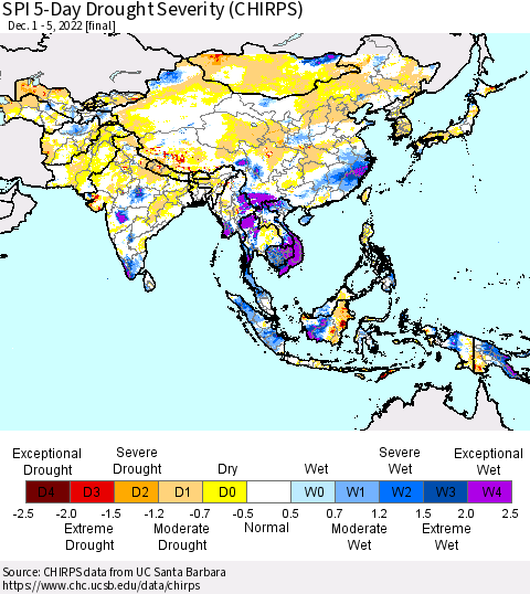 Asia SPI 5-Day Drought Severity (CHIRPS) Thematic Map For 12/1/2022 - 12/5/2022