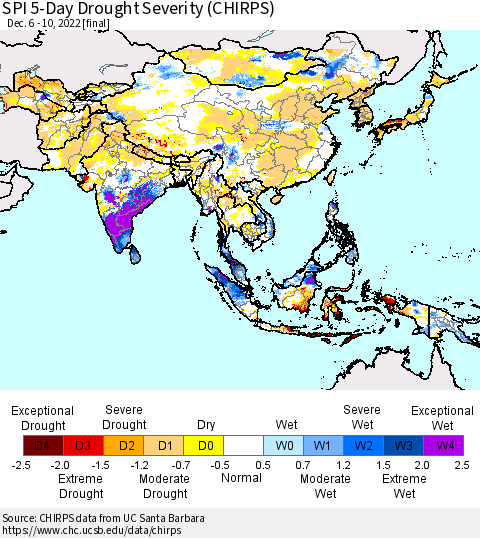 Asia SPI 5-Day Drought Severity (CHIRPS) Thematic Map For 12/6/2022 - 12/10/2022