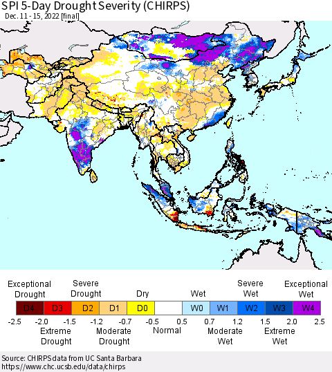 Asia SPI 5-Day Drought Severity (CHIRPS) Thematic Map For 12/11/2022 - 12/15/2022