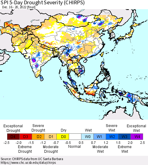 Asia SPI 5-Day Drought Severity (CHIRPS) Thematic Map For 12/16/2022 - 12/20/2022