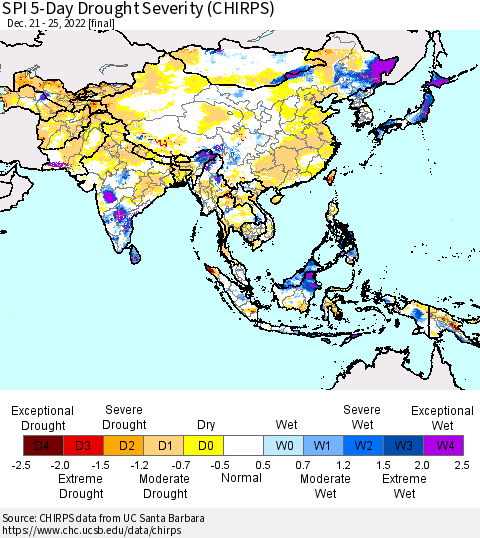 Asia SPI 5-Day Drought Severity (CHIRPS) Thematic Map For 12/21/2022 - 12/25/2022